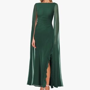 Dark Green Cape Sleeve Evening Gown Long Split Mesh Formal Maxi Dress Size M